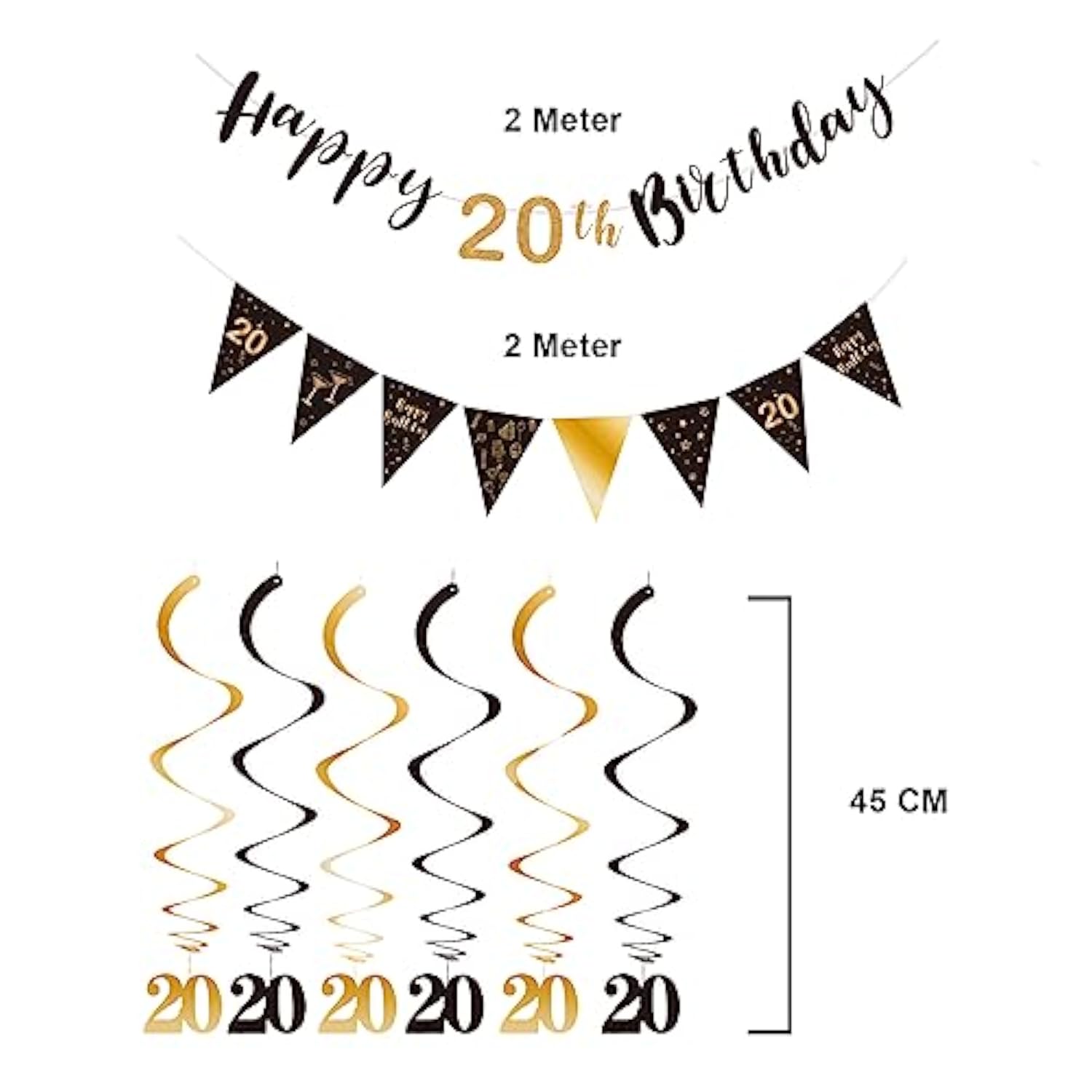 20th birthday kit with black-gold banner, bunting, swirls & triangle flags