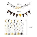 20th birthday kit with black-gold banner, bunting, swirls & triangle flags