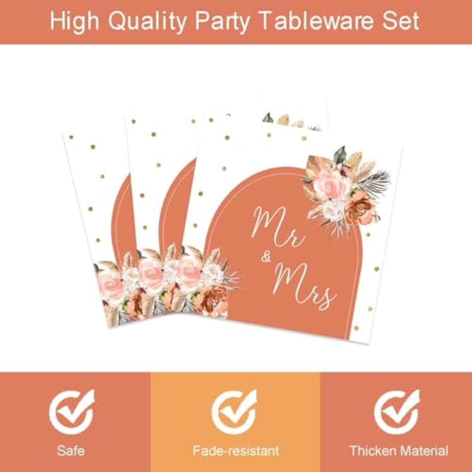 96Pcs Bohemian Pampas Wedding Party Supplies Terracotta Rust Floral Wedding Plates Napkins Red Forks Mr. And Mrs. Bridal Shower Paper Dessert Tableware Set For 24 Guests