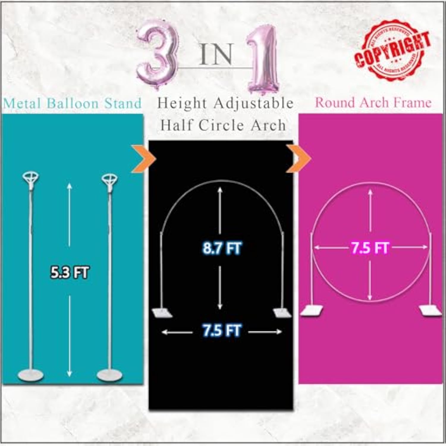 Balloon Arch Stand, 7.5Ft Large Round Backdrop Frame, Adjustable Half Circle Arch, 2 Set Reusable Metal Ballon Column Kit With Base 3In1 For Birthday, Wedding, Graduation, Baby Shower Party