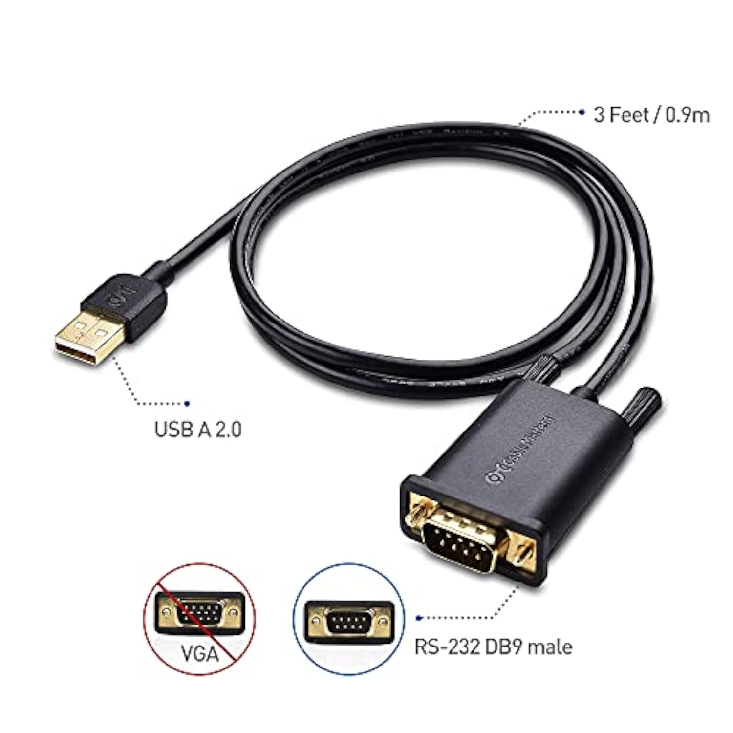 Cable Matters USB to Serial Adapter Male to Male Cable - 3ft, RS232 to USB2.0, USB to DB9 Cable, Supports Windows 11/10/8/7/Vista/XP, macOS 11.0 or Later, Black