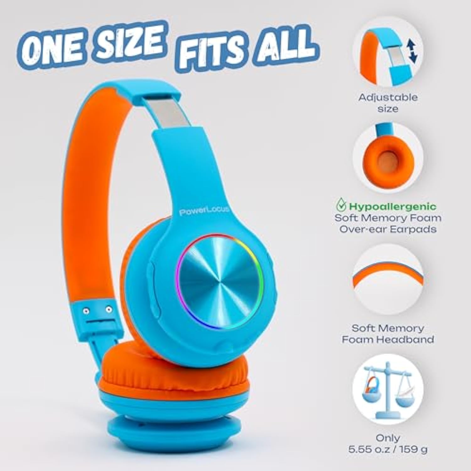 PowerLocus Kids Headphones, Bluetooth Headphones Over Ear for Kids with LED Li