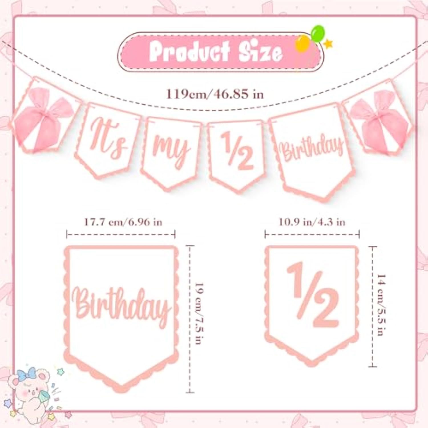 It'S My 1/2 Birthday Banner, Sweet Half Birthday Banner For Little Princess Pink Party, Pink Bow Decorations For Six Months Girl
