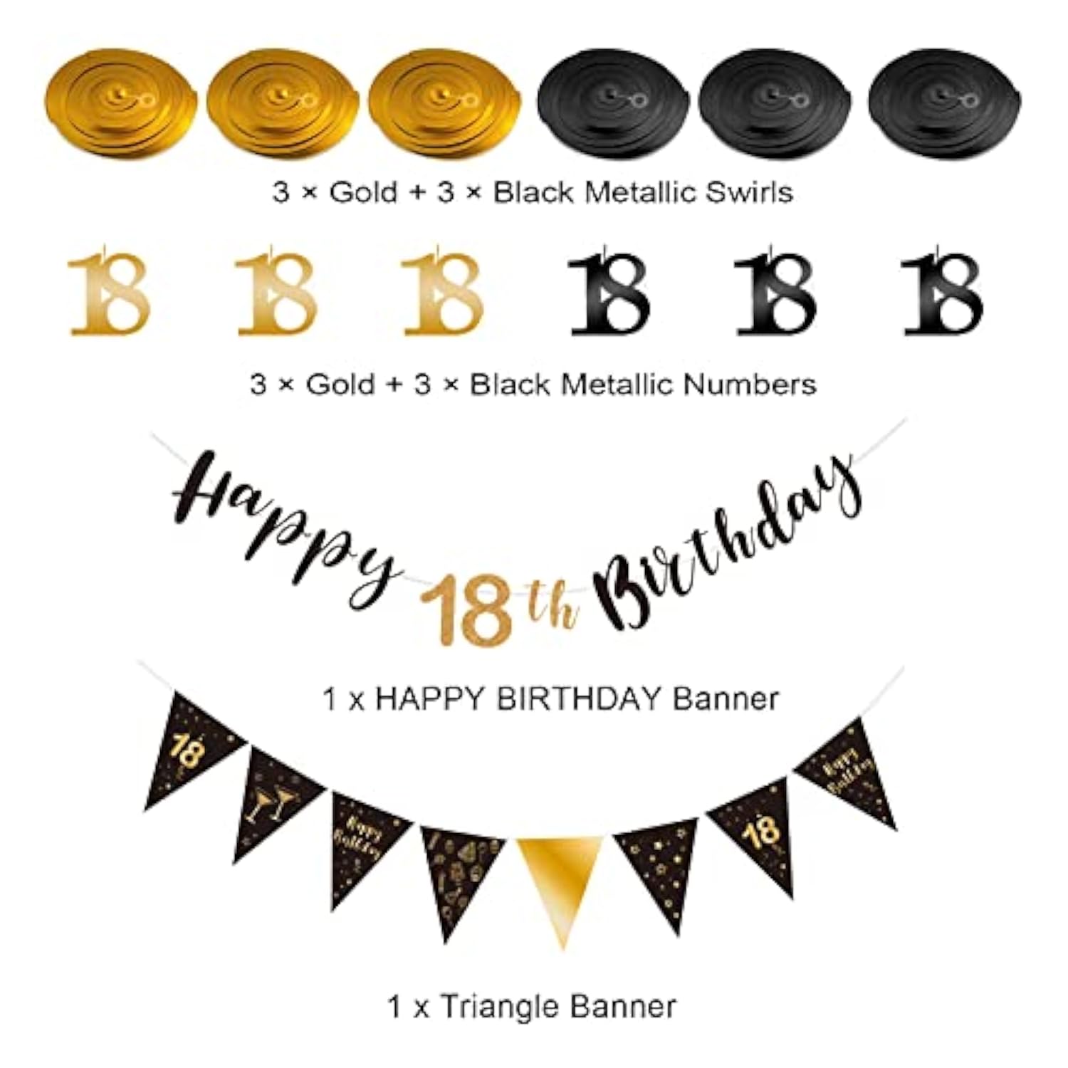 18th birthday kit with black-gold banner, bunting, swirls, and triangle flags
