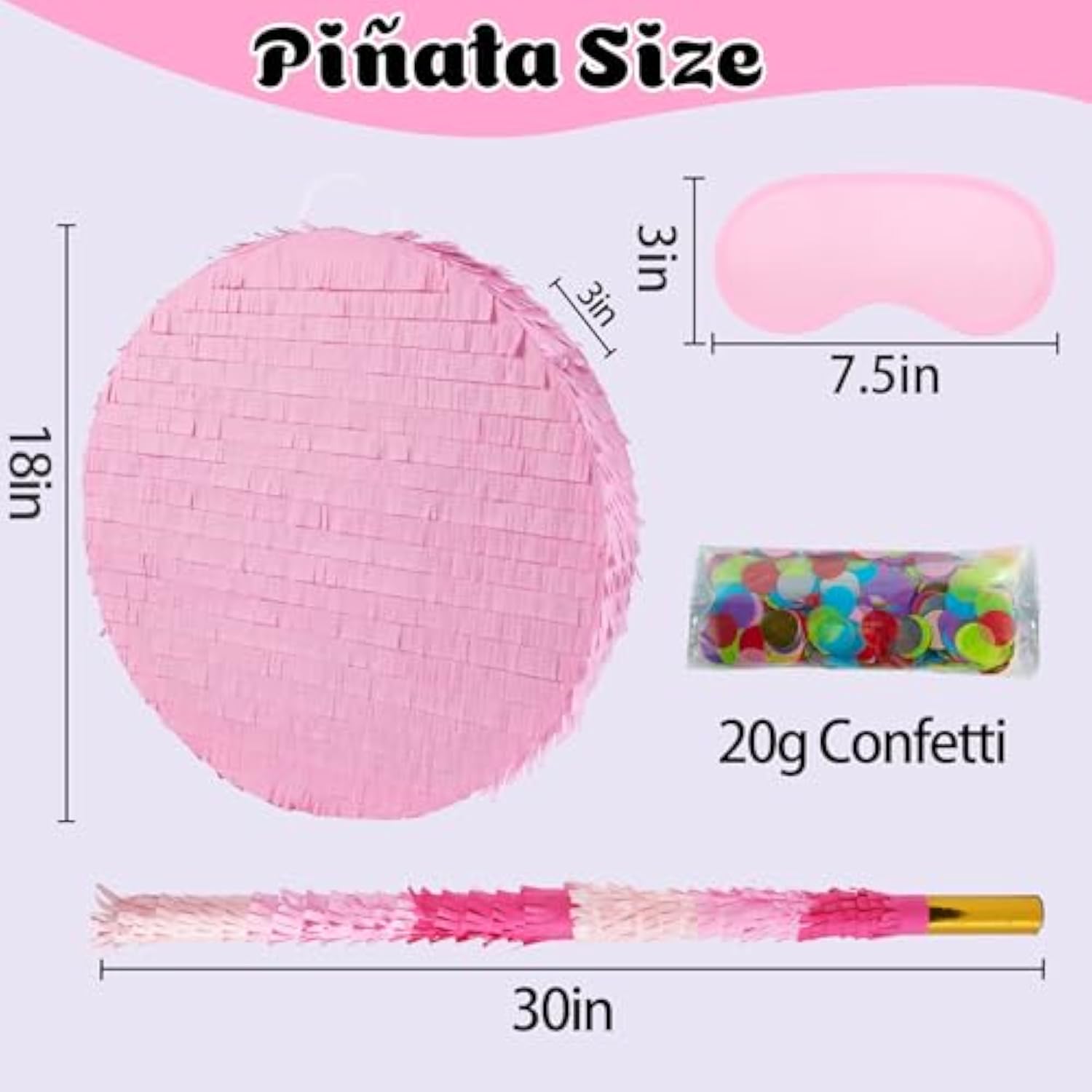 18 Inch Round Blank Piñata Diy With 30 Inch Piñata Stick Blindfold Confetti For Boy Girl Adult Birthday Party Game Decorations, Anniversary Celebration, Fiesta (Pink)