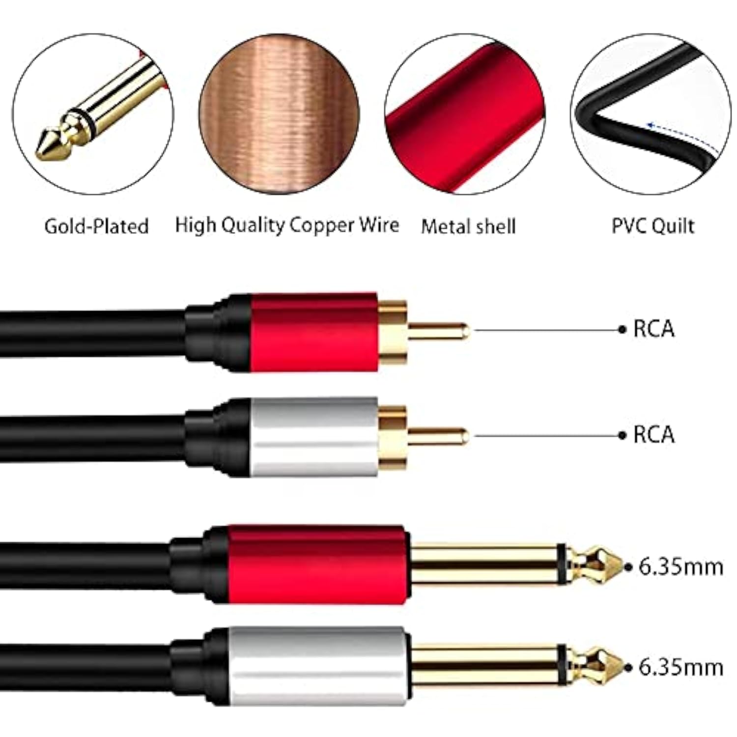 2 X 6.35 Mm To 2Rca Cable,Dual 1/4 Inch Ts Stereo Jack Male To 2 Rca Male Ster