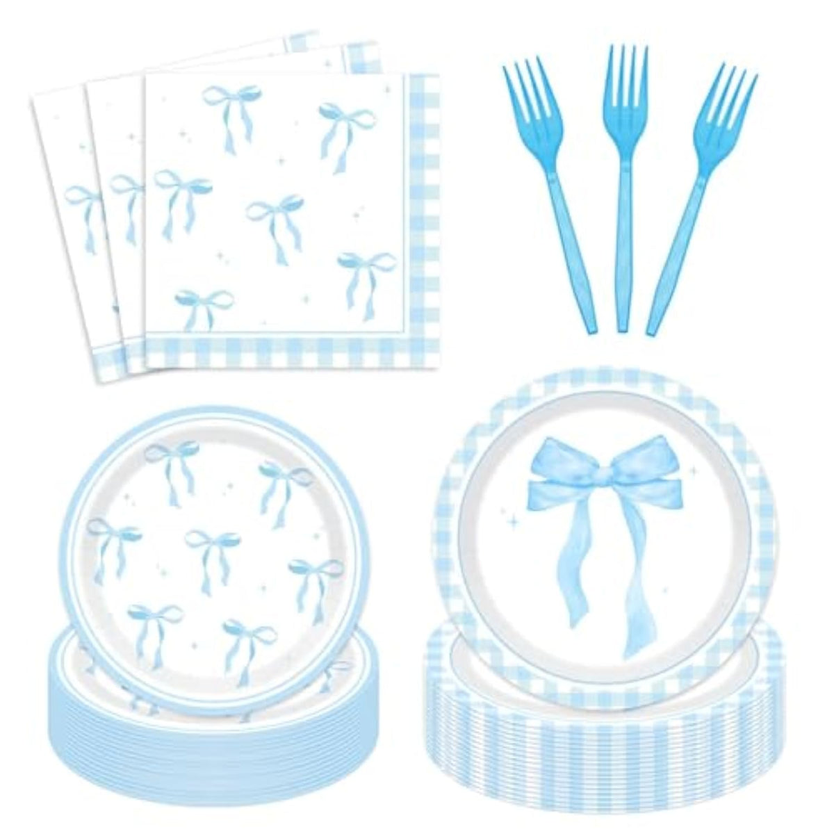 96Pcs Blue Bow Party Supplies Birthday Tableware Set Blue White Bowknot Party Plates And Napkins For Baby Boy Girl Bow Birthday Dinnerware Party Favors For 24 Guests