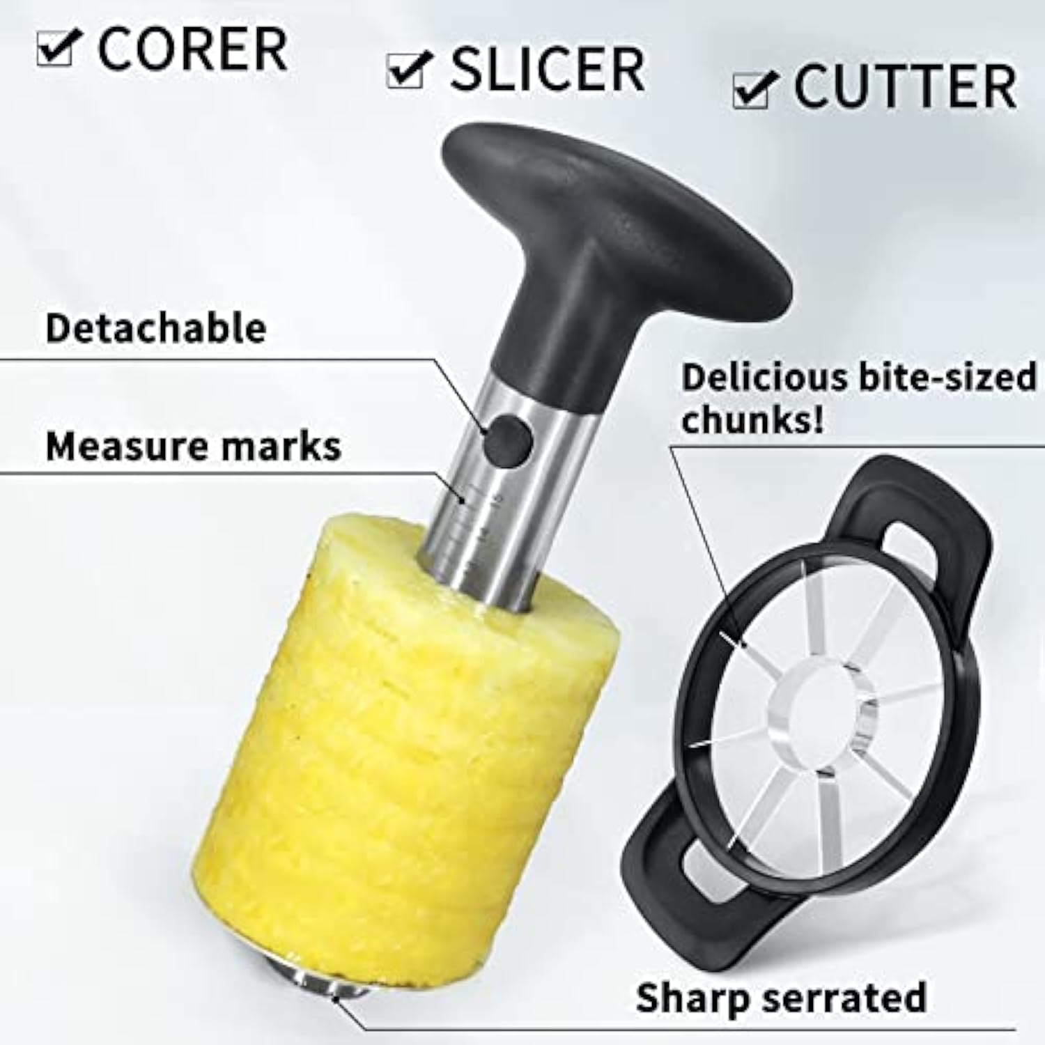 Pineapple Corer And Slicer Tool, Durable Pineapple Core Remover With Upgraded Cutter & Reinforced Thicker Blade, Stainless Steel Kitchen Fruit Gadget For Diced Pineapple Rings, Black Handle