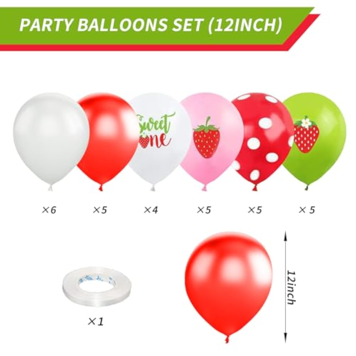 Strawberry Balloons, 12 Inch Strawberry Sweet One Party Balloons White Green Red Dots Balloons Strawberry Theme Party For Girls First Birthday Summer Fruit Party Baby Shower Supplies