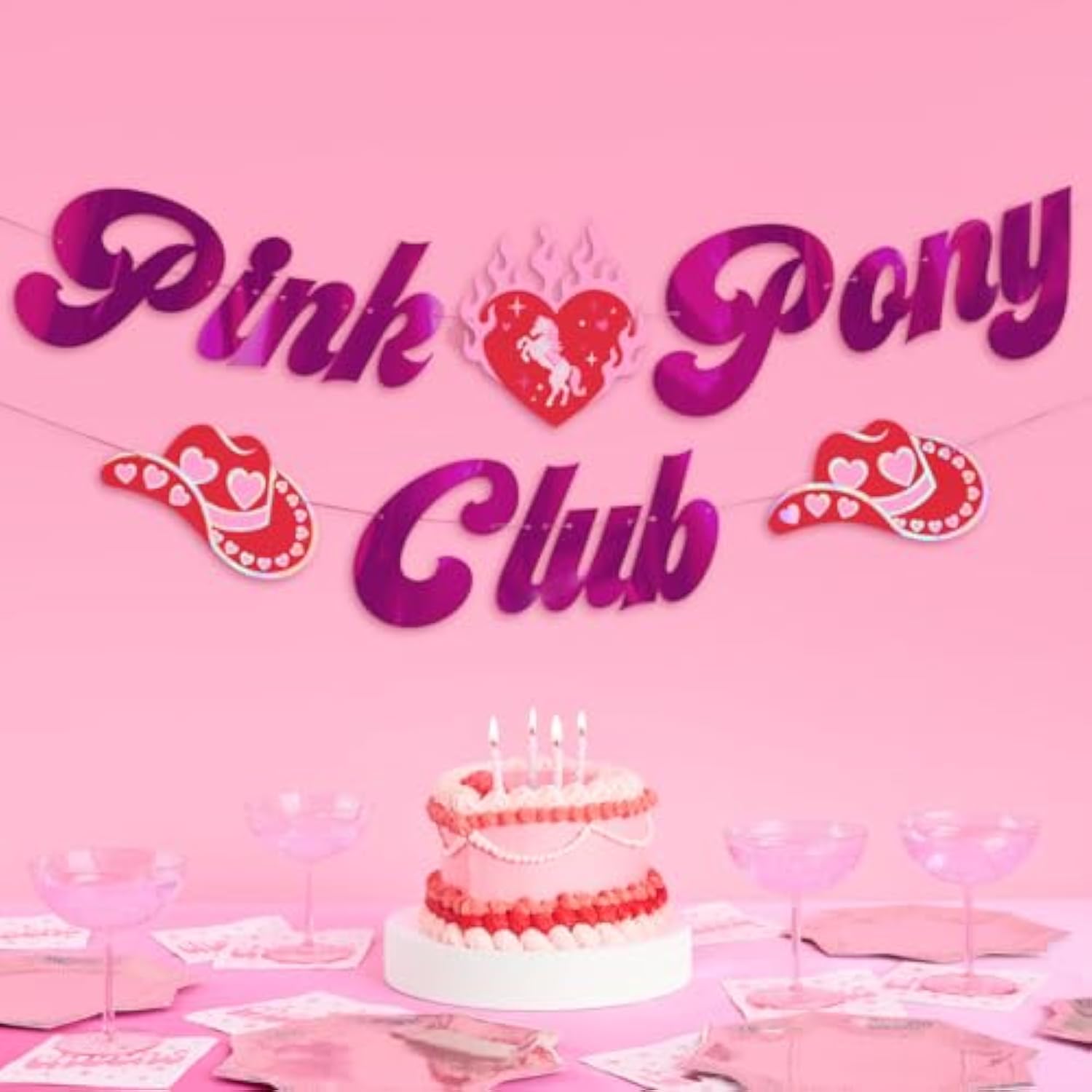 Pink Pony Club Banner - Pink Foil | 5 Ft. | Bachelorette Decorations, Birthday Party Sign, Concert Bday Background, Cowgirl Bach Supplies