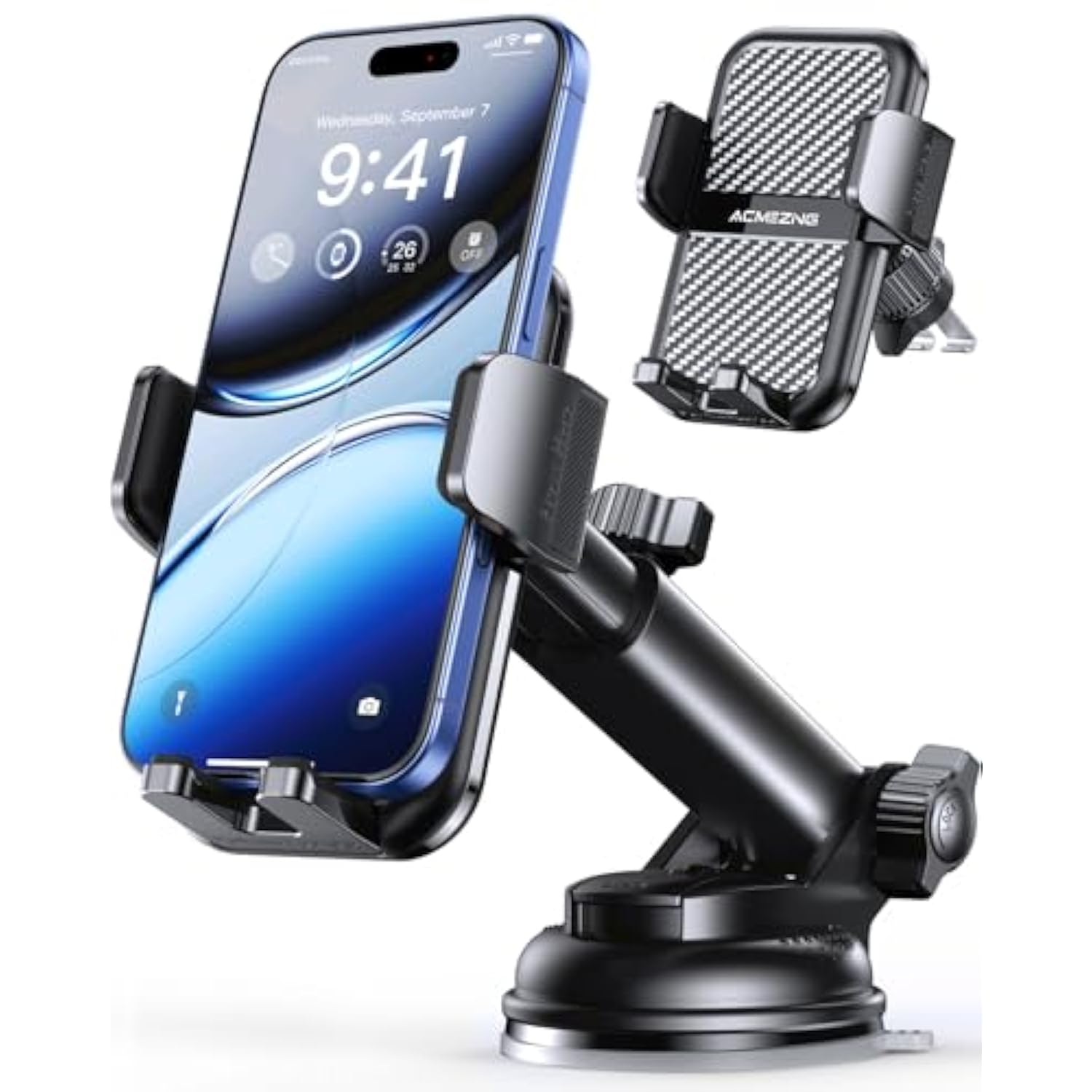 3-In-1 Car Phone Holder [122+Lbs Strongest Suction & Stable Clamp Arm] 360° Adjustable Car Phone Mount, Cell Phone Holders For Your Car For Dashboard Vent, All Smartphones & Car Models (Black)