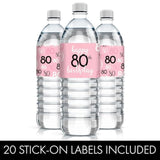 80Th Birthday Water Bottle Labels For Women – 20 Pink, Black & White Waterproof Wrappers, 80Th Birthday Party Decorations & Supplies For Her