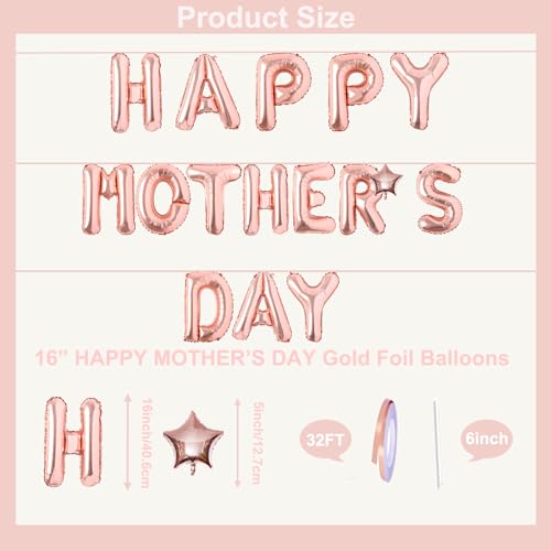16 Inches HAPPY MOTHER'S DAY Balloons Hanging Banner Decorations, Rose Gold Aluminum Foil Letter Balloons for Mother's Day Celebration Party Supplies