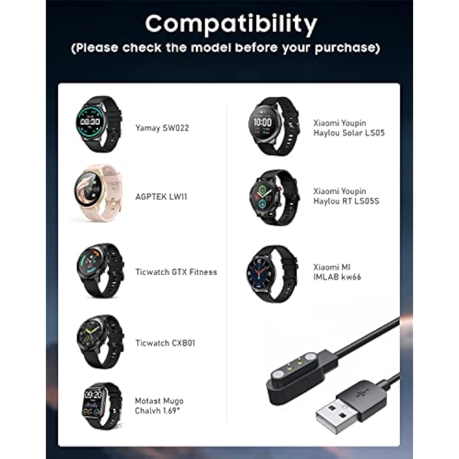 Charger Compatible With Sw022/Lw11/Gtx Fitness/Cxb01/Mugo Chalvh 1.69", Magnetic Usb Charging Cable 3.3Ft/100Cm, Replacement Charging Power Cable Cord - Black