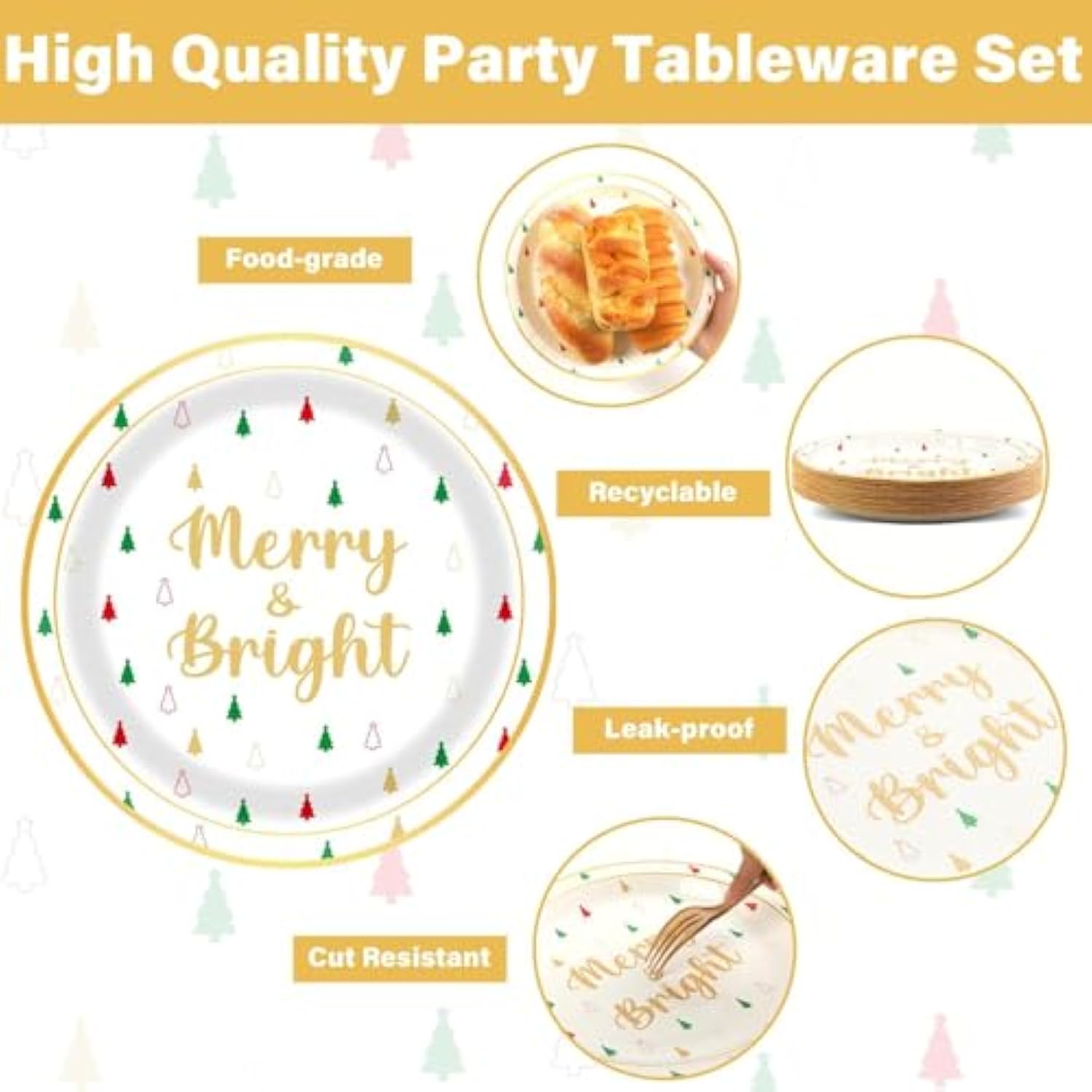 100 Pcs Christmas Paper Plates Napkins Party Supplies Merry Christmas And Tree Design In Red Green And Gold Merry And Bright Party Tableware For Disposable Xmas Holiday Dinner Party Decorations