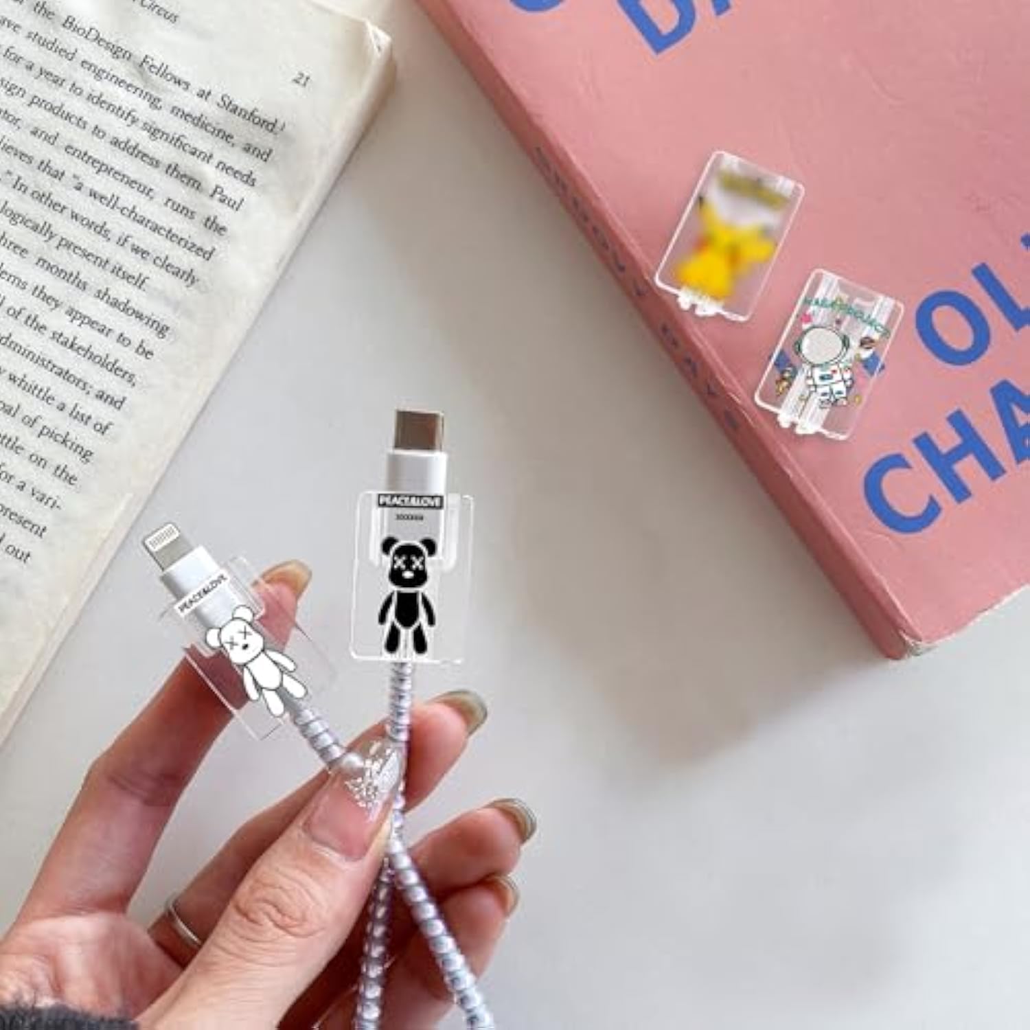 Cute Cable Protector For Iphone Charger,Kawaii Astronaut,Teddy Bear Anime Lovely Pattern 4 Pcs Usb Cable Protector For Girls Boys,Charging Cord Protector,Usb Charger Saver (Lightning Cable)