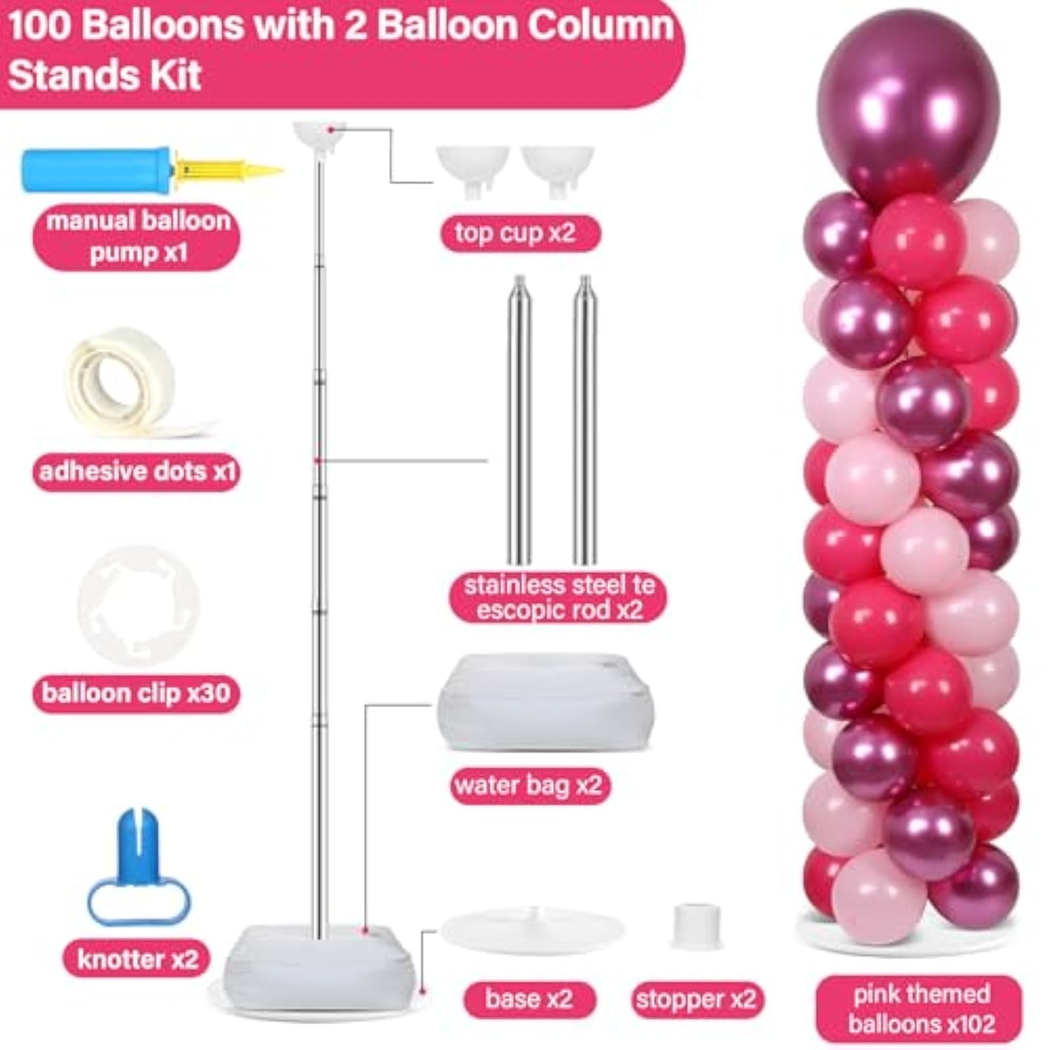2 Sets Pink Balloon Column Stand Kit With 100 Balloons Adjustable Balloon Tower Stand With Bases For Floor Hot Pink Column For Girls Graduation Mother'S Day Birthday Wedding Spring Party Decor