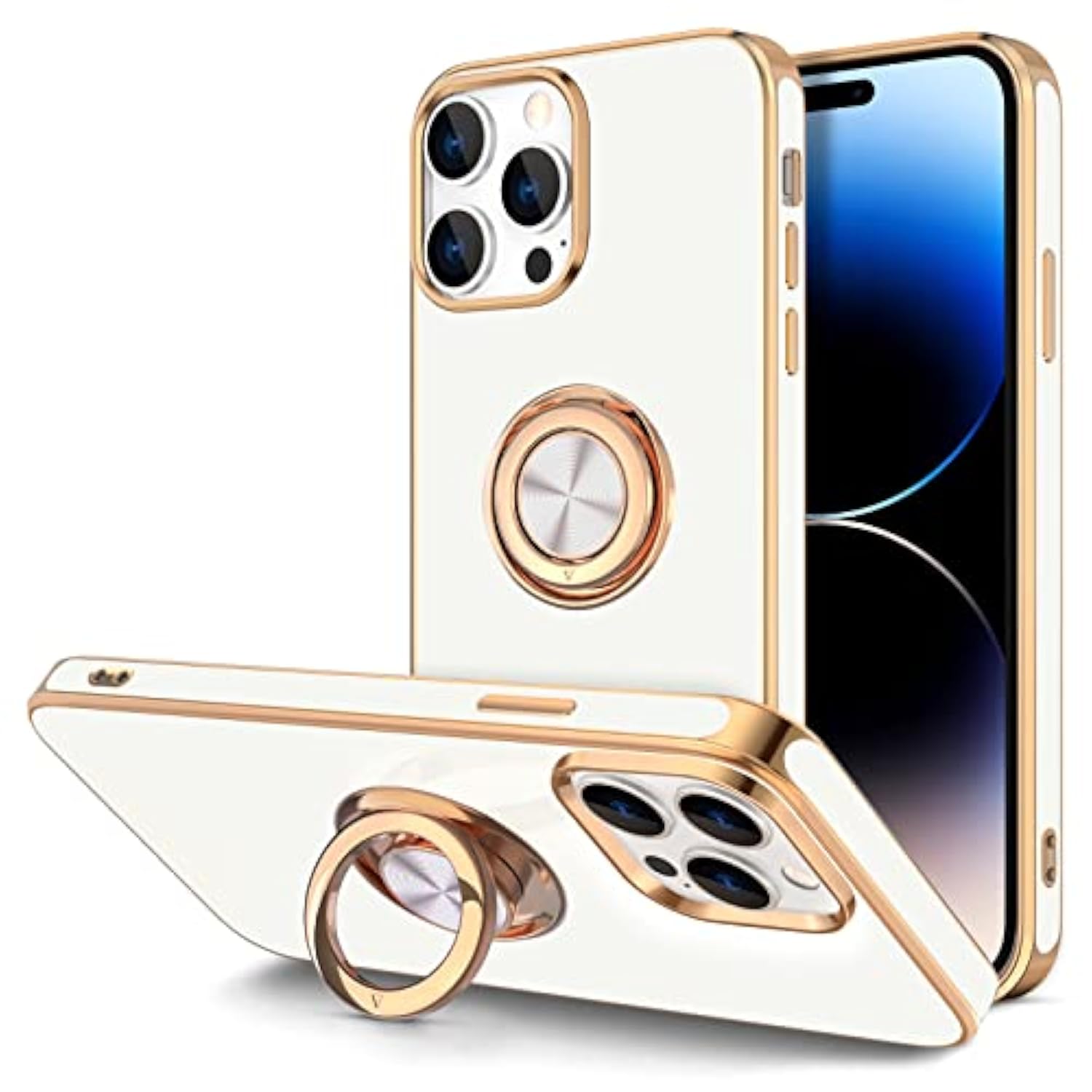 For Iphone 14 Pro Max Case With Ring Stand [360° Rotatable Ring Holder Magnetic Kickstand] [Support Car Mount] Plated Gold Edge Slim Soft Tpu Luxury Protective Phone Case Cover, White