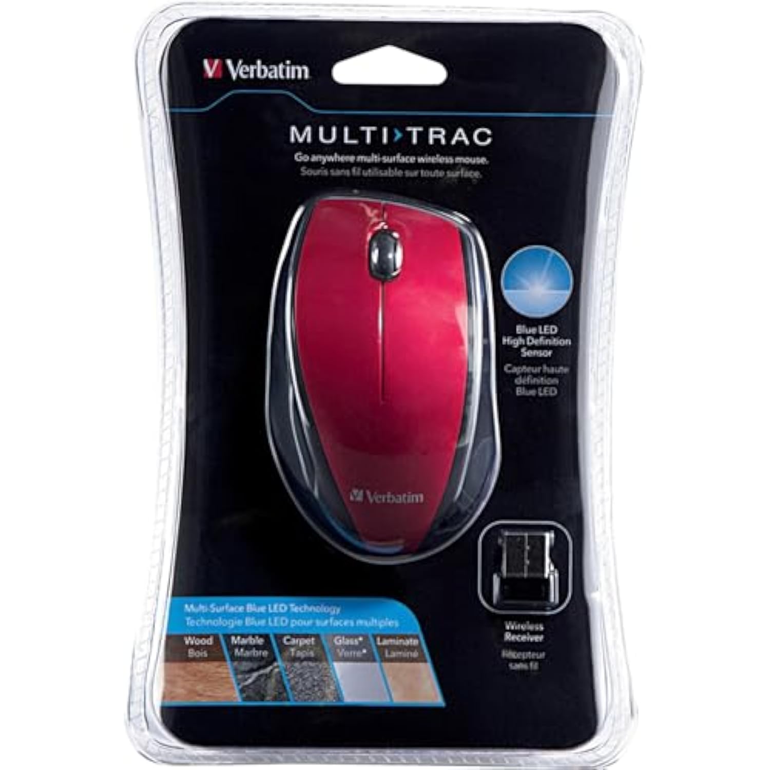 Verbatim Wireless Multi-Trac Mouse 2.4GHz with Nano Receiver - Ergonomic, Blue LED, Portable Mouse for Mac and Windows - Red