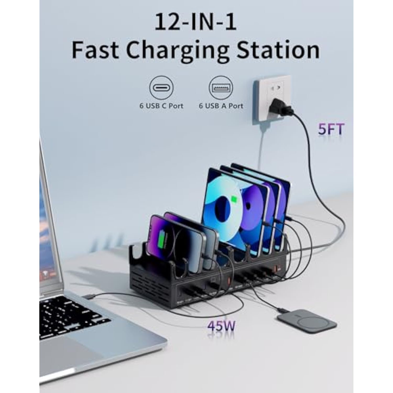 360W Charging Station For Multiple Devices, 12-Port Usb C Charging Station With Double 45W Pd Pps Port, Multi Device Fast Charger Dock For Macbook Pro Laptop, Iphone, Ipad, Tablet, Android Cell Phone