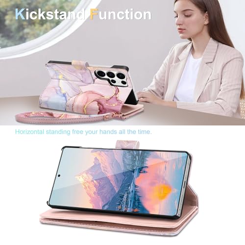 for  Galaxy S26 Ultra Wallet Case for Womwn Grils, PU Leather Flip Cover with Card Holder Kickstand Wrist Strap Shockproof Phone Case for
