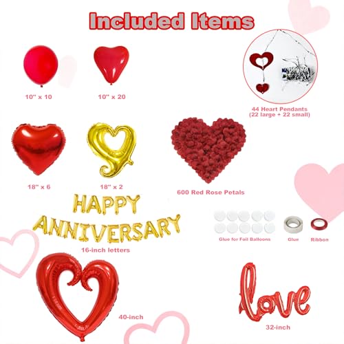 Happy Anniversary Decorations Romantic, Happy Anniversary Sign Banner, Valentines Decorations Party Home Bed Room, Romantic Decorations Special Night, Red Heart Balloons, Happy Anniversary Balloons
