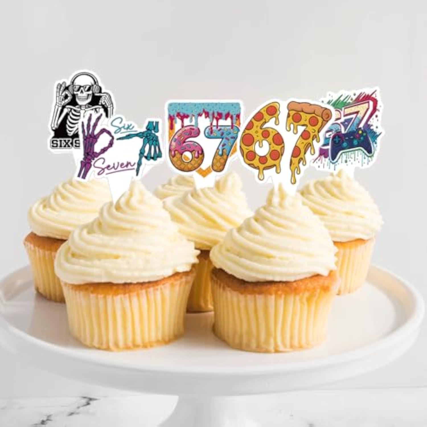 24Pcs Six Seven Cupcake Toppers, Funny 6 7 Party Decorations Funny Six Seven Birthday Cake Decorations For Donut Ice Cream Baseball Meme 6 7 Theme Party Supplies (24)