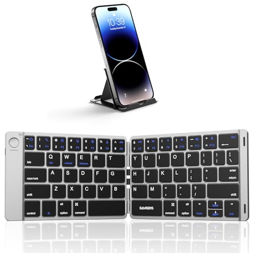 Foldable Bluetooth Keyboard - Portable Wireless Keyboard With Stand Holder, Rechargeable Full Size Ultra Slim Folding, Compatible Ios Android Windows Smartphone Tablet And Laptop - Black