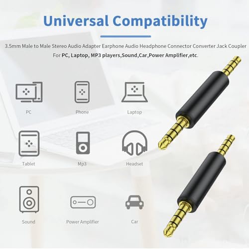4-Pole 3.5mm Male to Male Audio Jack Adapter, 3.5mm Headphone Jack Converter for Car Stereo, Gaming Headset, TV and PC, Headphone Cable 2 Pack