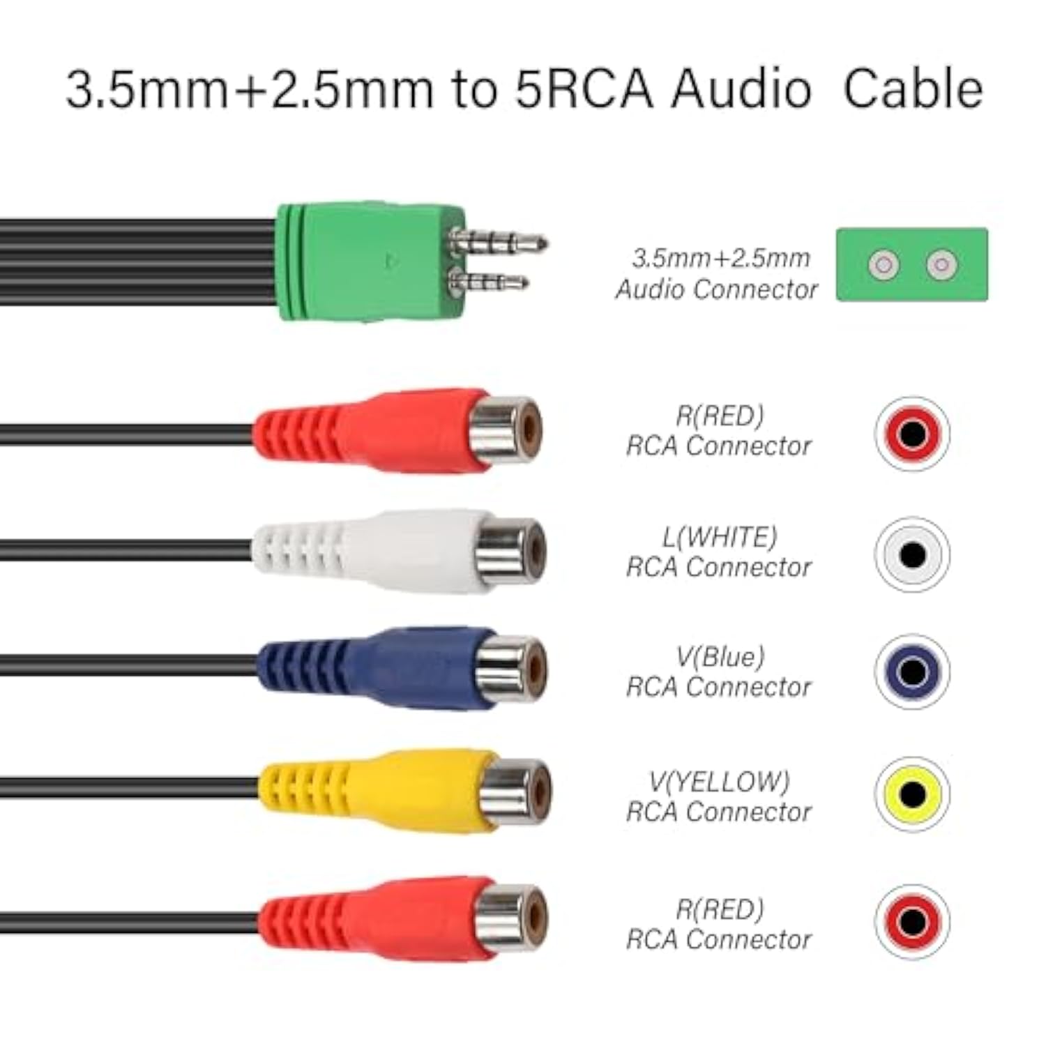 3.5Mm+2.5Mm To 5Rca Audio Video Adapter Cable 0.3M 3.5Mm Male 2.5Mm Male To 5