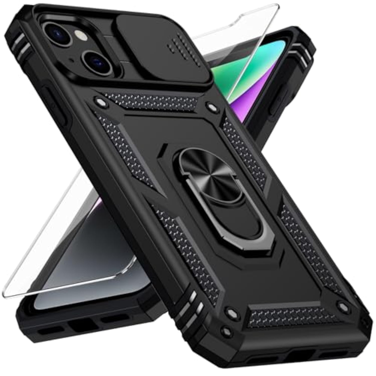 iPhone 13 Case with Slide Lens Cover, HD Screen Protector, Military Grade Drop Protection, Magnetic Rotated Ring Holder Kickstand Protective Phone Case (Black)