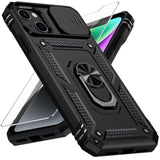 iPhone 13 Case with Slide Lens Cover, HD Screen Protector, Military Grade Drop Protection, Magnetic Rotated Ring Holder Kickstand Protective Phone Case (Black)