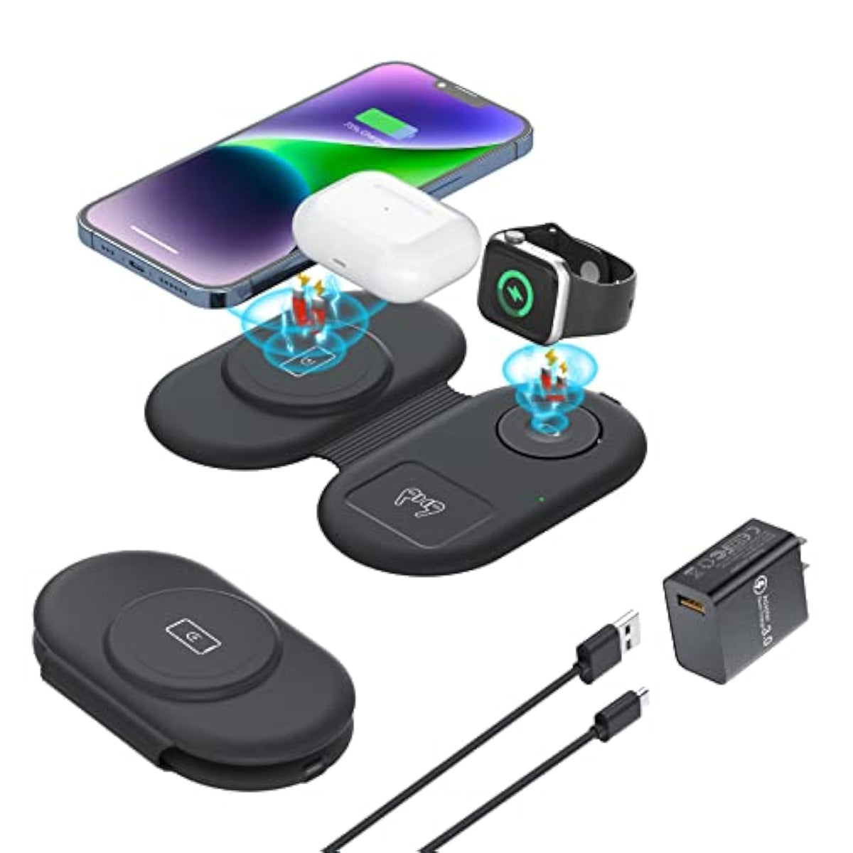 Wireless Charger 3 In 1, Travel Fast Wireless Charging Station For Apple, Compatible With Iphone 15 14 13 12 11 Pro/Max/Xr, For Iwatch 9/8/7/6/5/4/Airpods 3/2/Pro Gift For Mom Dad Friends