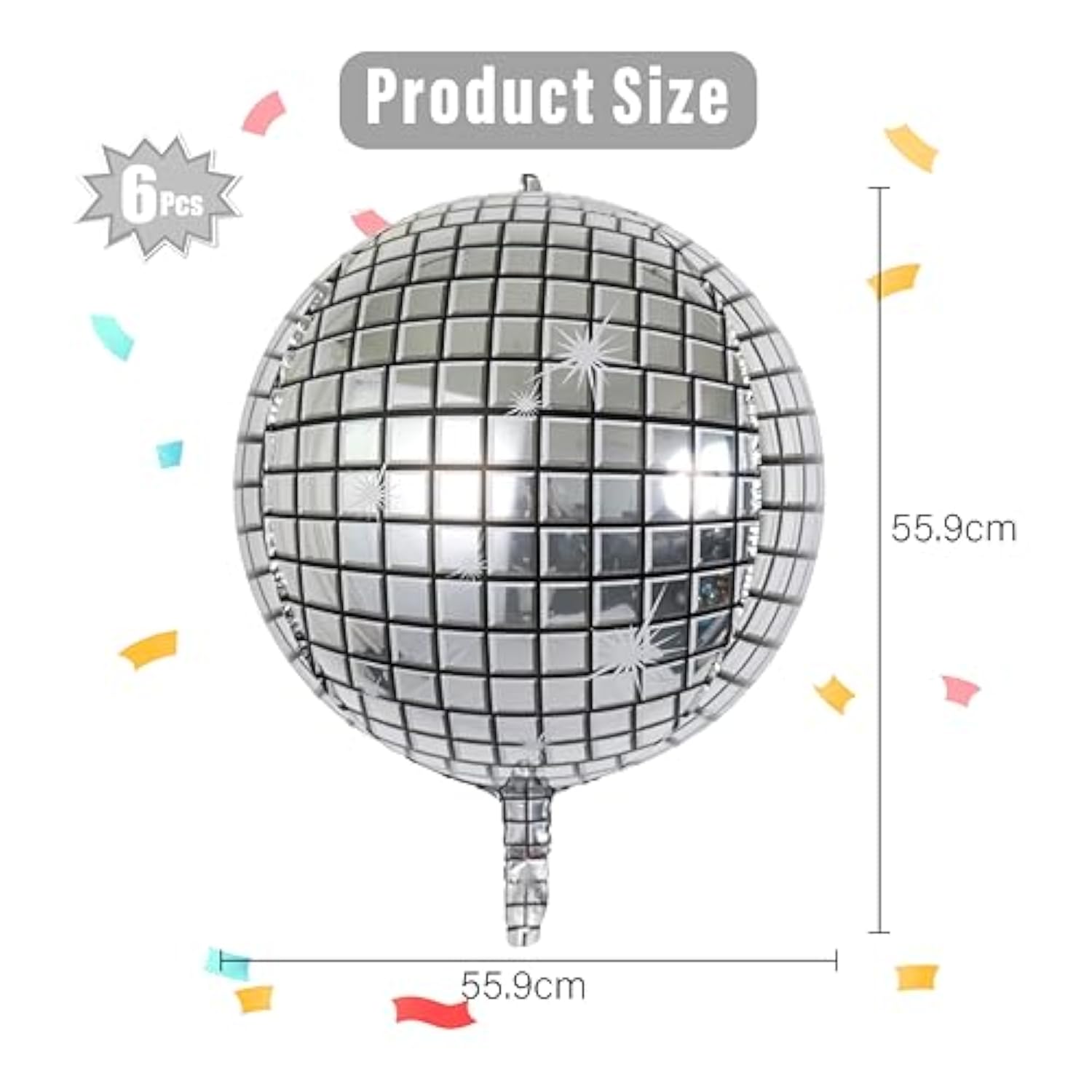 6-Pack 22 Inch Silver 4D Disco Ball Balloons 90S Dancing Queen Party Decor