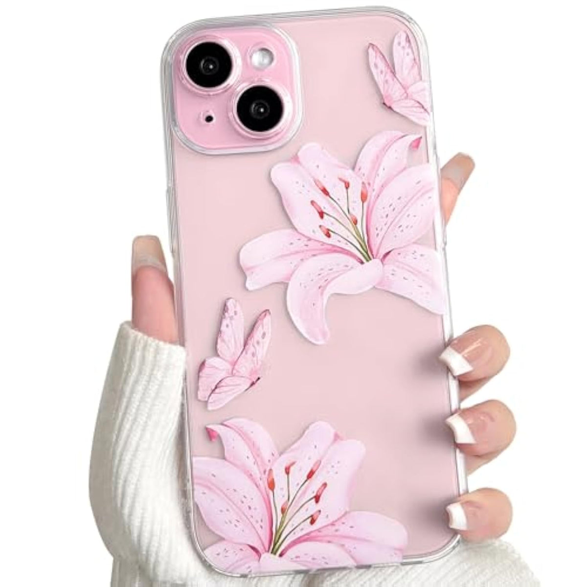 Compatible With Iphone 13 Case Clear Cute Butterfly Lily Flower Floral Pattern For Women Girls Full Camera Lens Clear Slim Shockproof Protective Phone Cover - Pink
