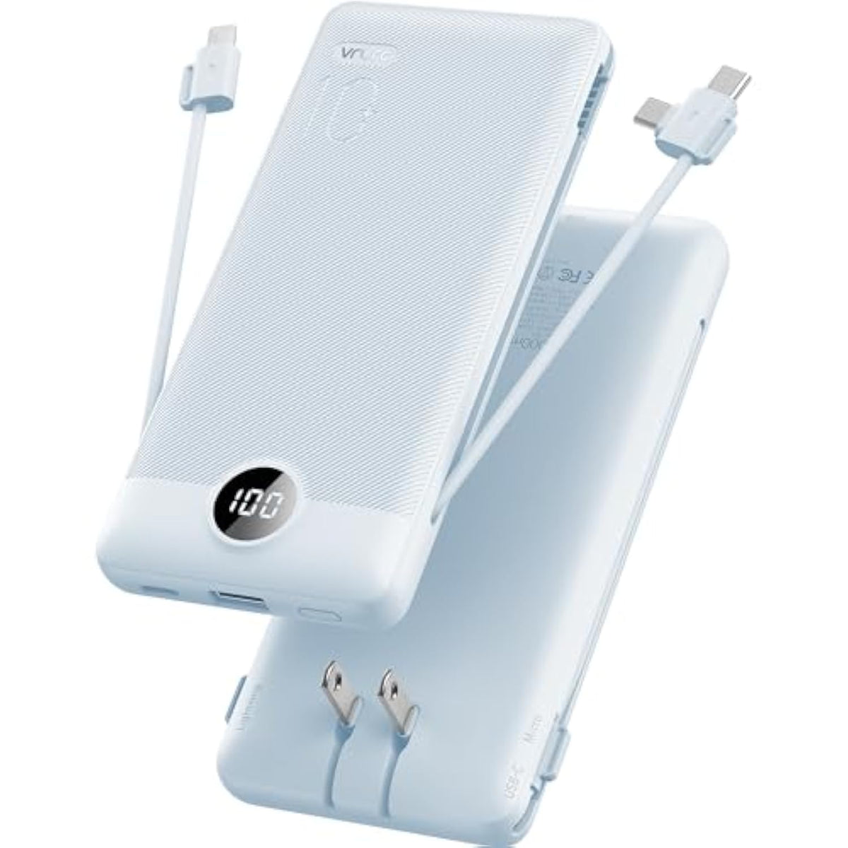 Portable Charger Built-In Cables And Ac Wall Plug, Usb C Power Bank 10000Mah, Travel Essentials Phone Charger Compact Lightweight External Battery Pack For Smart Phones, Tablets Etc-Blue