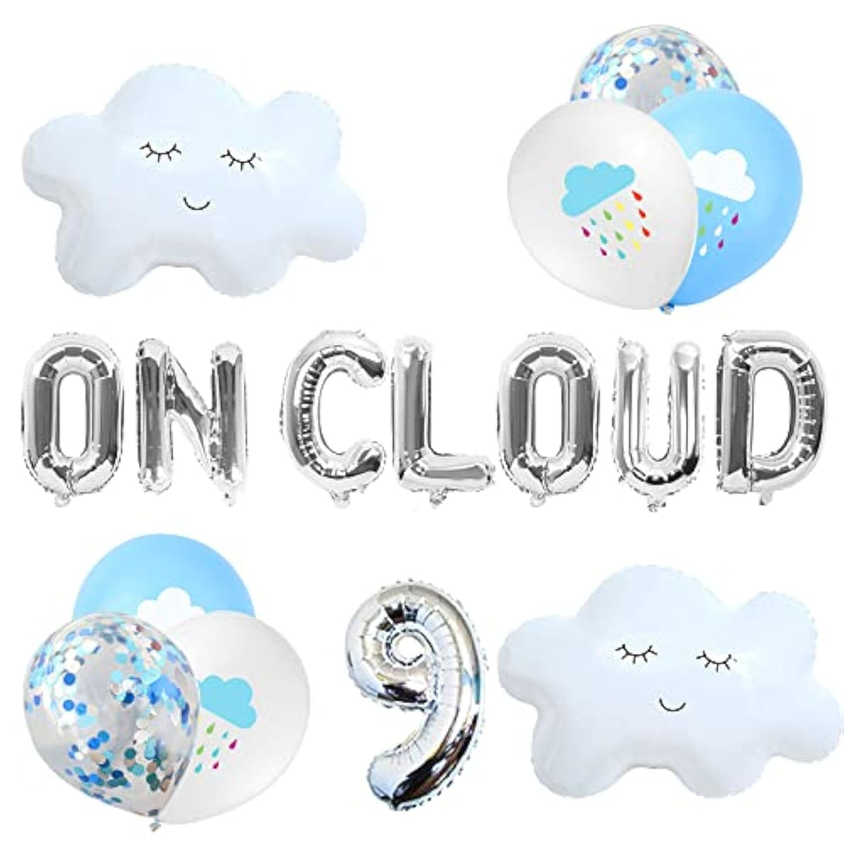 13 Pcs Silver On Cloud 9 Balloons 9Th Birthday Nine Years Old Party Supplies