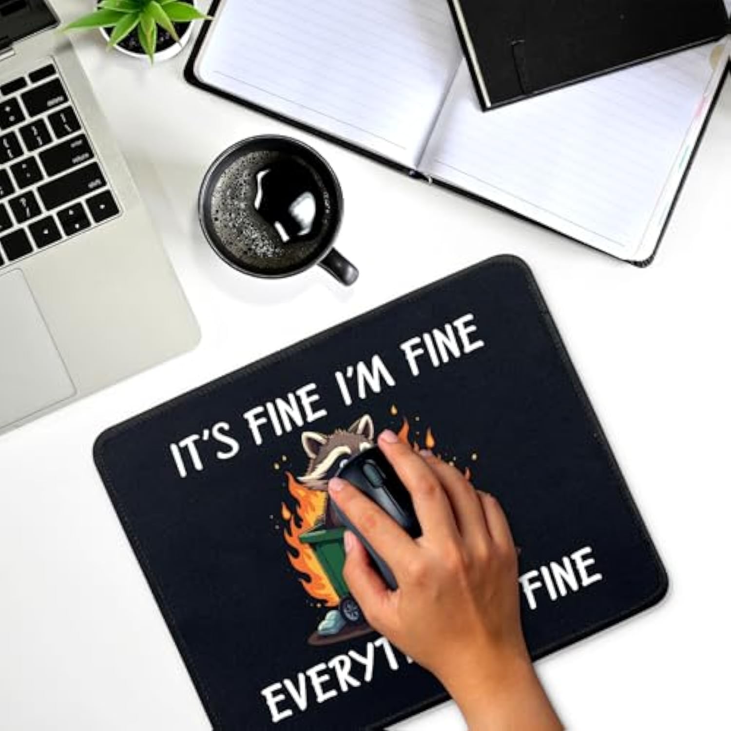 Funny Dumpster Fire Raccoon Mouse Pad Gifts - It'S Fine I'M Fine Everything'S Fine - Non-Slip Mousepad With Stitched Edge - Rectangular Mouse Mat For Laptop Gaming - Office Desk Decor Gifts