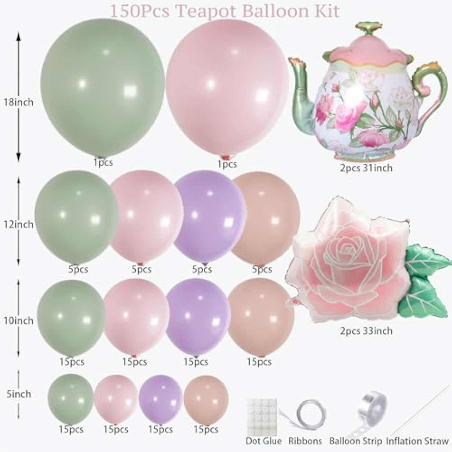 Tea Party Balloon Garland Kit 150Pcs – Pink Sage Green Pastel Purple Balloons With Teapot & Floral Foil – Garden Party Decorations, Baby Shower, Bridal Shower, High Tea, Let'S Partea Decor