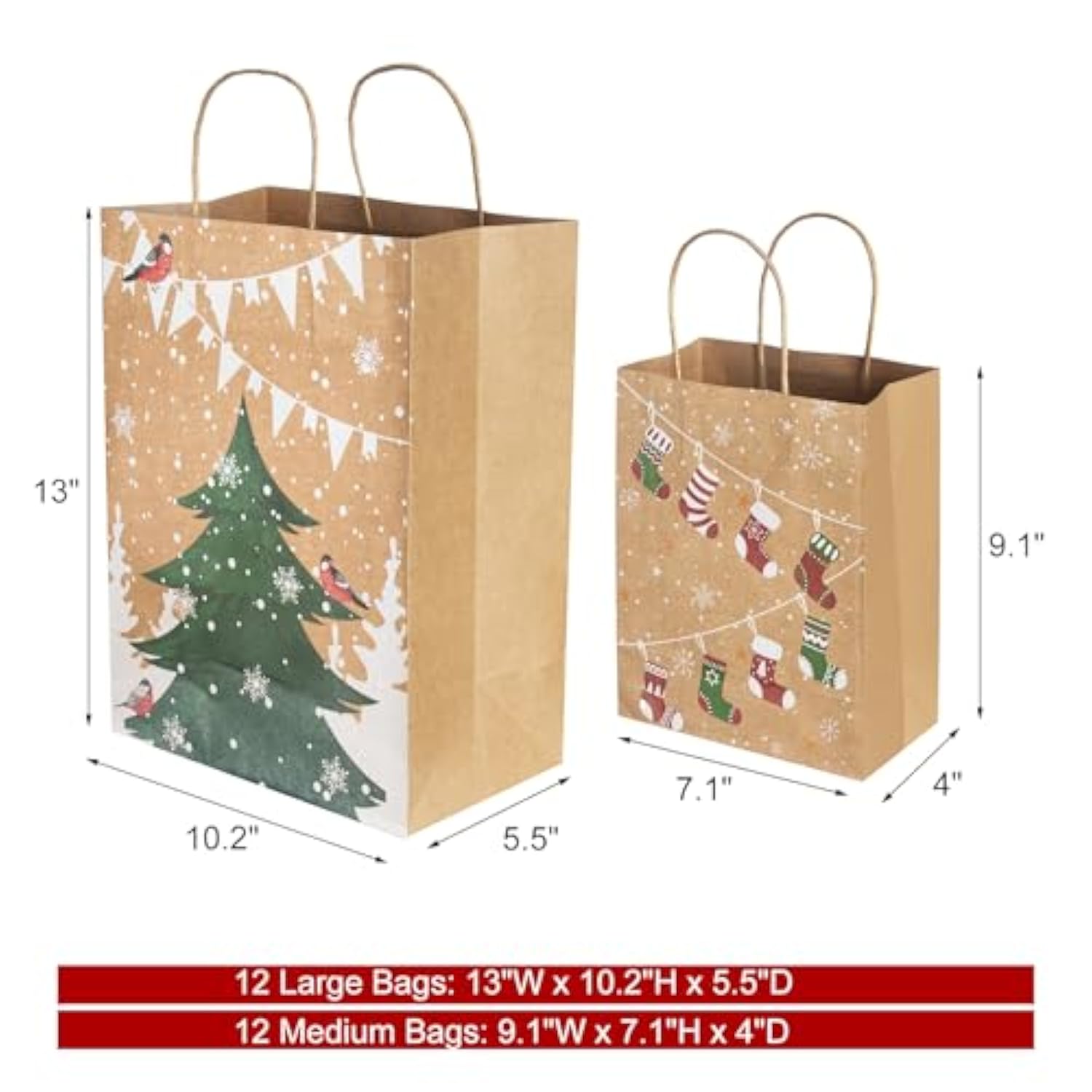 Christmas Gift Bags, 24-Pack Kraft Paper Gift Bags With Handles, 12 Large 13” & 12 Medium 9” Assortment For Holiday Party Favors, Gift Wrapping, Xmas Decor