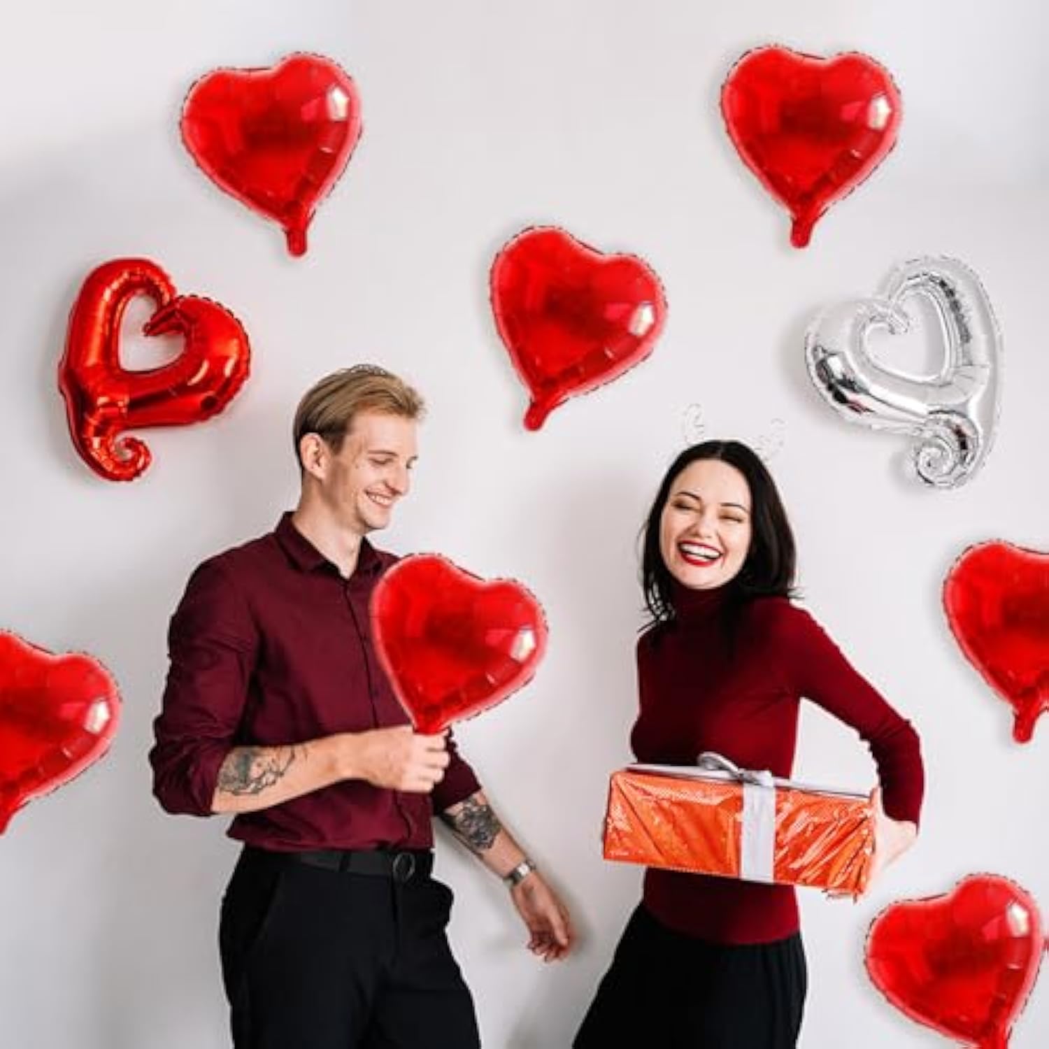 50 Pcs 10Inch Red Heart Balloons, Mylar Heart Foil Balloons For Birthd