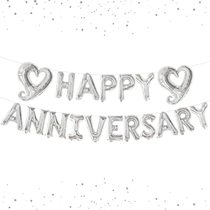 , Silver Happy Anniversary Balloons Letters - Big, 18 Inch | Silver Happy Anniversary Balloon Banner | Silver Heart Balloons, Silver Happy Anniversary Banner For Happy Anniversary Decorations