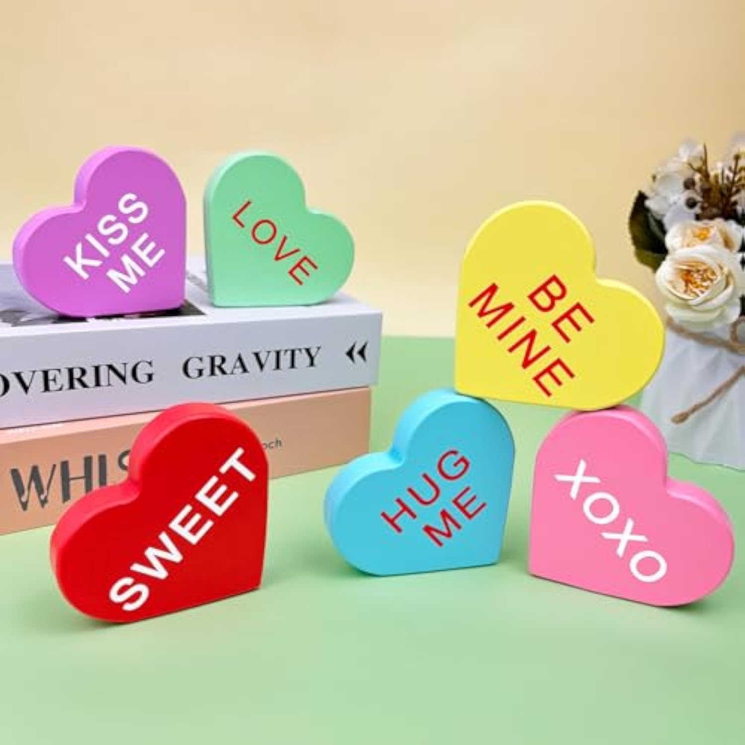 Valentines Day Conversation Hearts Decorations For Home Table, 6 Pcs Wooden Candy Heart Shaped Signs Decor For Office Tiered Tray Mantel Shelf, Valentines Gifts For Him Her Anniversary Party