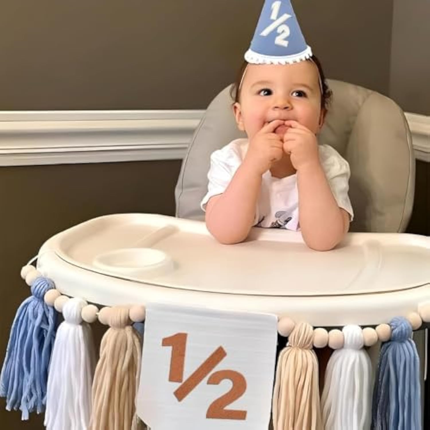 Blue Handmade 1/2 High Chair Banner With Cone Birthday Hat For Half Way To One Baby Boy 6 Months Half Birthday Decorations