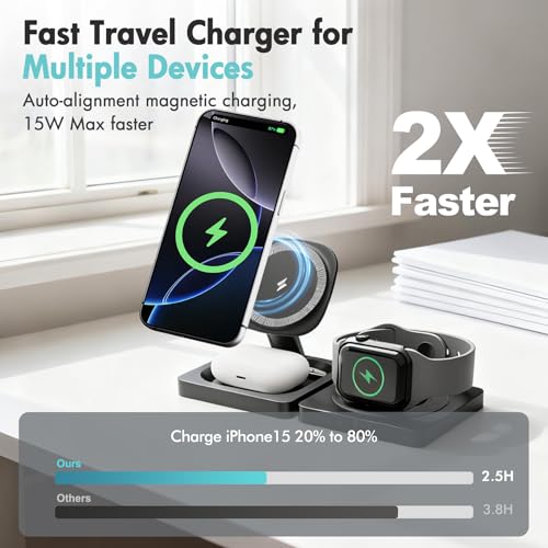 Magnetic Wireless Charger for iPhone: 3 in 1 for Travel 15W Fast Charging Pad Foldable for iPhone 17 16e 16 15 14 13 12 Pro Max - for Apple Watch