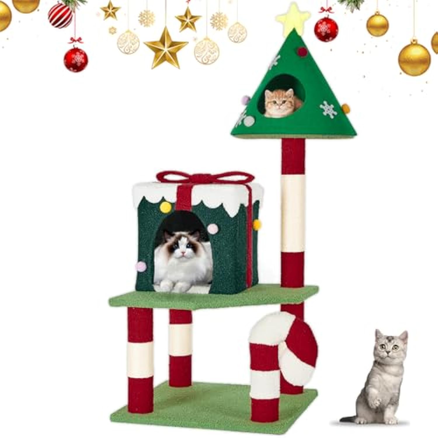 Christmas Cat Tree Tower For Indoor Cats - 45In Multi-Level Cat Climbing Tower With Cat Condos, Xmas Tree Gift Box Shaped Condo Candy Cane Design Cute Cat Tree Tower Holiday Decoration