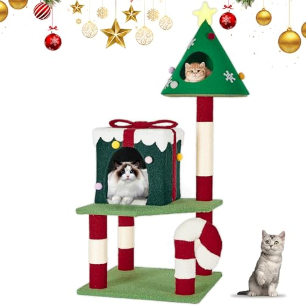 Christmas Cat Tree Tower For Indoor Cats - 45In Multi-Level Cat Climbing Tower With Cat Condos, Xmas Tree Gift Box Shaped Condo Candy Cane Design Cute Cat Tree Tower Holiday Decoration