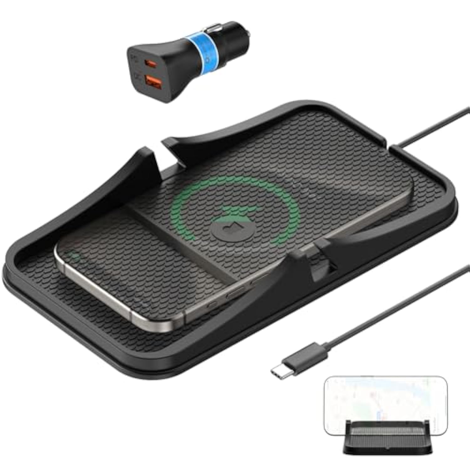 Wireless Car Charger Pad, Large Wireless Charging Pad For Car Non Slip Car Phone Holder Wireless Charger Compatible With Iphone 16 Pro Max 15 14 13 12, Samsung, Google (1 Meter Cable)
