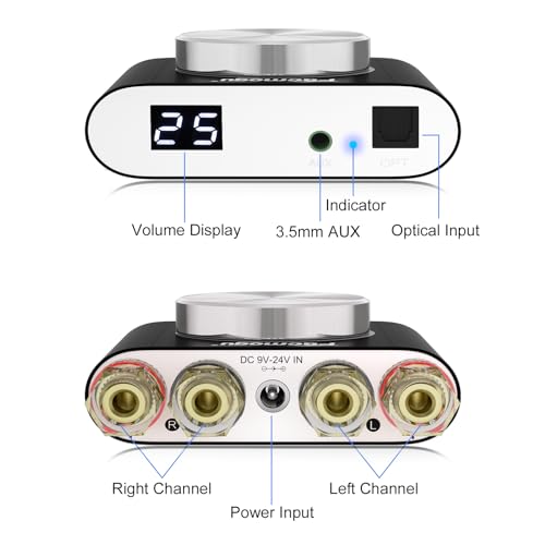 M6 200W Mini Bluetooth 5.0 Audio Power Amplifier, 100Wx2 Dual Channel HiFi Stereo Mini Speaker AMP w/Optical/AUX/BT Input, Home Audio Wireless