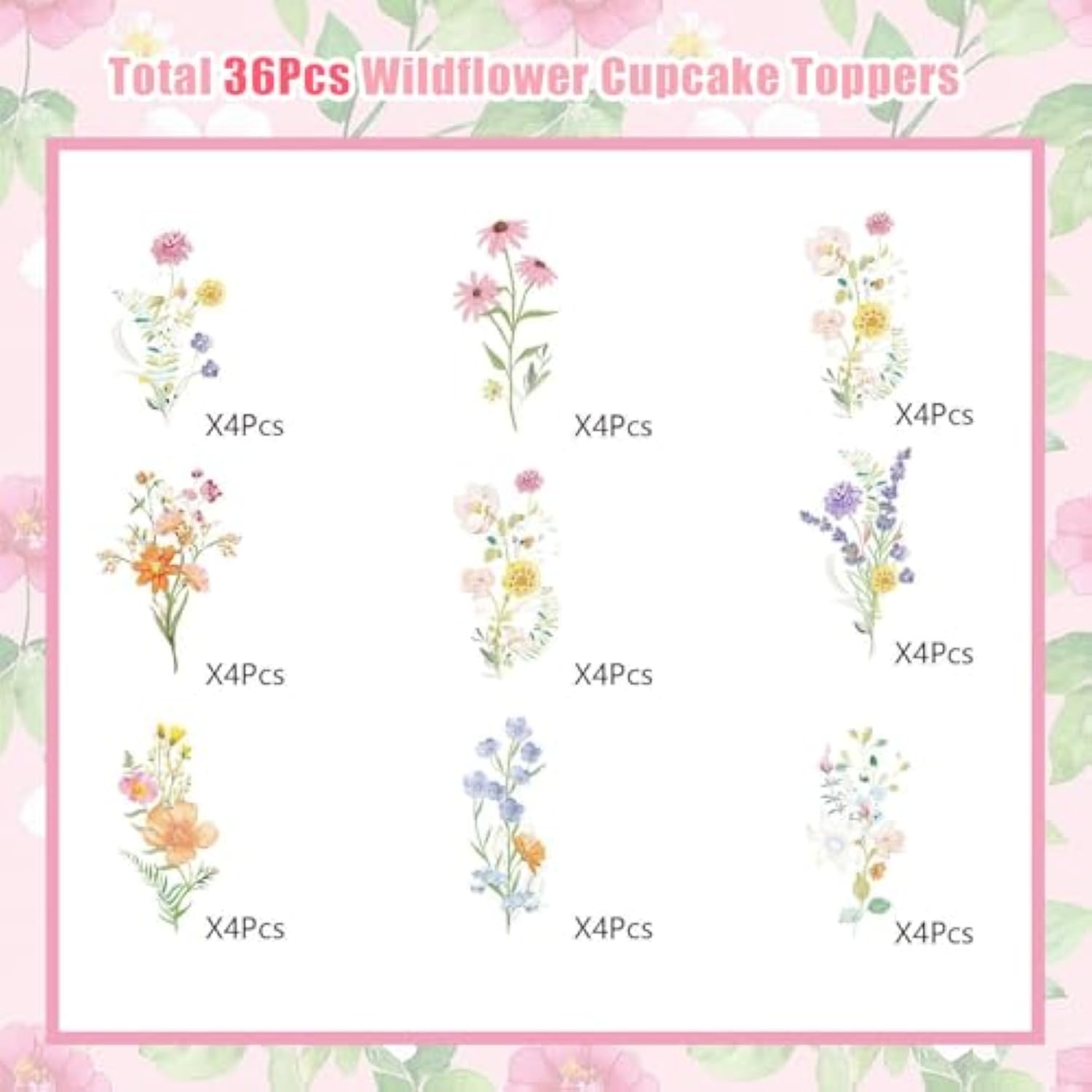 Wildflower Baby In Bloom Baby Shower Decorations - 36Pcs Wildflower Cupcake Toppers Birthday Party Decorations, Floral Flower Cupcake Toppers Cake Decorations Baby Shower Decor